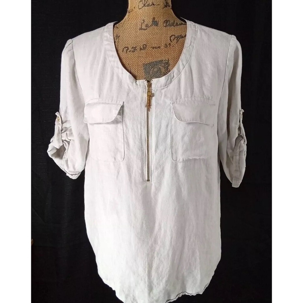 Ellen Tracy Top Size M Gray Linen Zip Tassel High Low Hem Pocket Tunic Half Sl